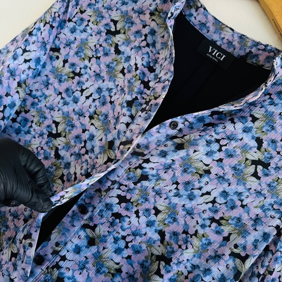 Vici Floral Mini Dress XS Blue Pink Casual Cottagecore Shirt Dress Summer Boho - Picture 7 of 12
